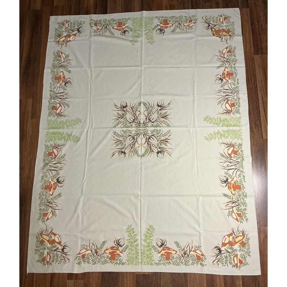 Vtg Retro Botanical Border Table Cloth Red/Orange Mushrooms 51in X 45in